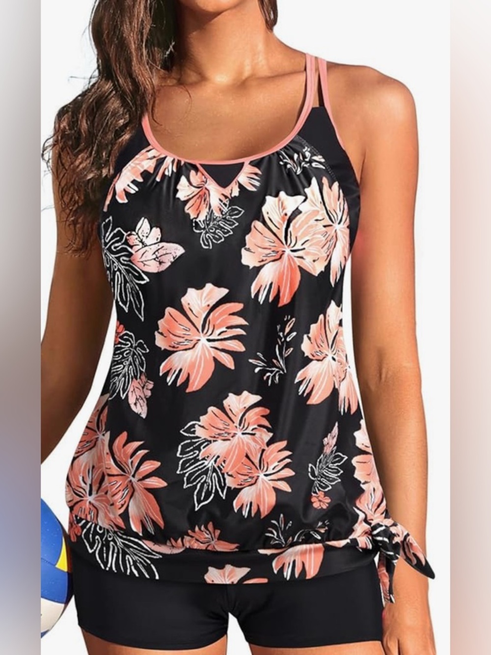 Floral Black & Pink Tankini Swim Top
